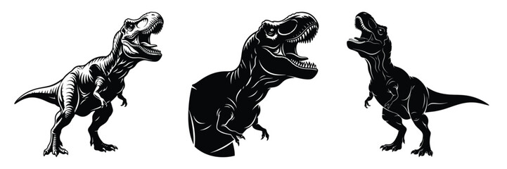 Three ferocious Tyrannosaurus Rex dinosaurs are depicted in black and white vector illustrations with their mouths open ready to roar