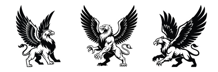Three majestic griffins stand powerfully with their wings spread in a bold black and white vector illustration