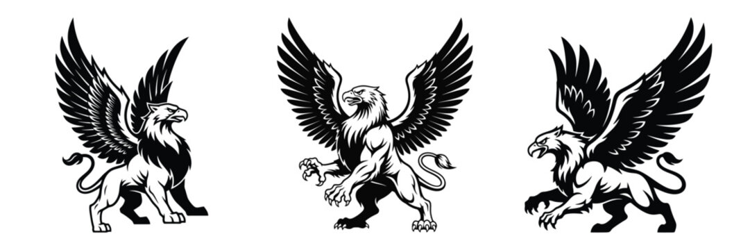 Three majestic griffins stand powerfully with their wings spread in a bold black and white vector illustration