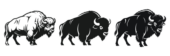 Three stylized bison stand side by side in a graphic black and white illustration for use in logo design or wildlife projects