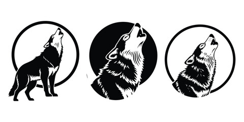 Three stylized wolf silhouettes howl at the moon in a bold graphic design perfect for branding or logo creation