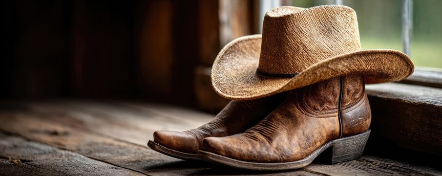 Cowboy boots with hat on wooden background concept. Stylish cowboy boots and hat placed on rustic wooden surface.