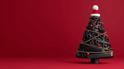 Unique black Christmas tree made from vinyl records, adorned with colorful ornaments and a Santa hat, set against a vibrant red background, showcasing festive creativity and holiday spirit