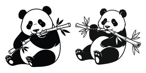 Two cute panda bears are sitting and eating bamboo shoots in a black and white illustration