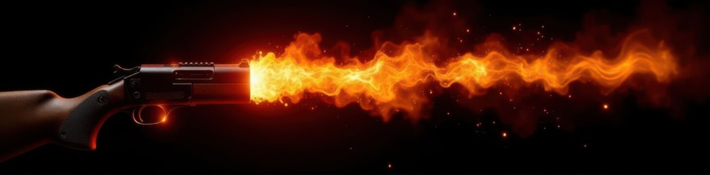 Bright orange muzzle flash bursts against pure black , explosion, special effect, military