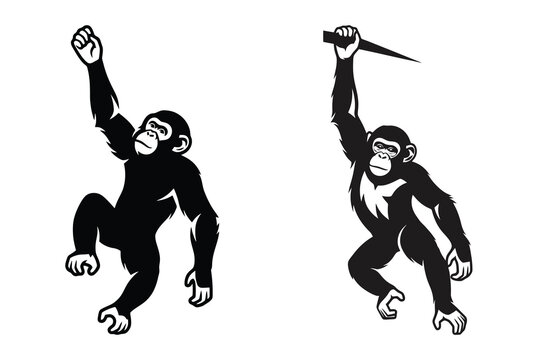 Two chimpanzees in black silhouette are swinging one holding a stick against a white background
