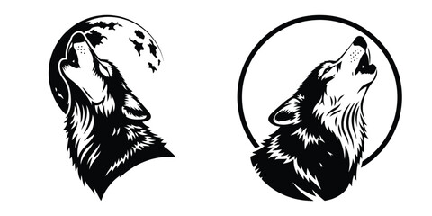 Two graphic black and white wolf illustrations depicting howling wolves one with a moon background and the other with a circle