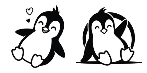 Two cute penguin illustrations in black and white showcasing adorable cartoon animals perfect for children's designs