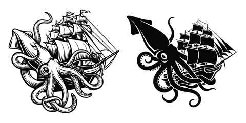 Two graphic illustrations depict a giant squid attacking a sailing ship in both detailed line art and bold silhouette styles