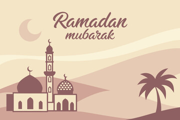 Obraz premium soft pastel dawn behind desert village, glowing Ramadan Mubarak text floating above minaret, warm morning light, smooth gradients