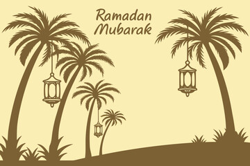palm grove with hanging lanterns, bright gold Ramadan Mubarak text floating above, warm shadows, natural vector lighting