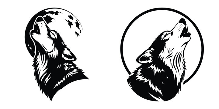 Two graphic black and white wolf illustrations depicting howling wolves one with a moon background and the other with a circle