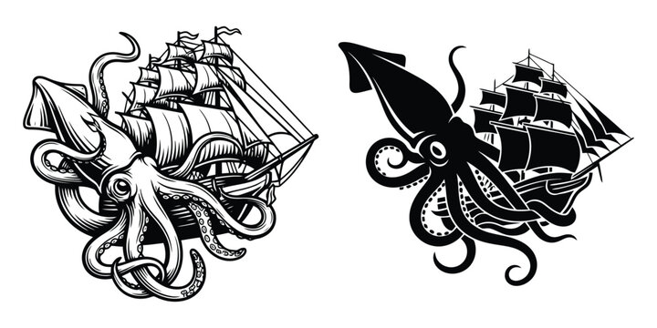 Two graphic illustrations depict a giant squid attacking a sailing ship in both detailed line art and bold silhouette styles