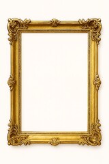 Ornate antique gold picture frame with intricate carvings and a clean white background for copy space
