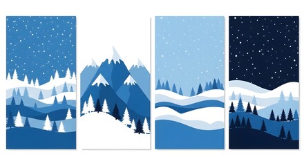 Set of four winter landscape backgrounds in blue tones, featuring snowy mountains, pine forests, and falling snow, perfect for phone wallpapers or social media stories