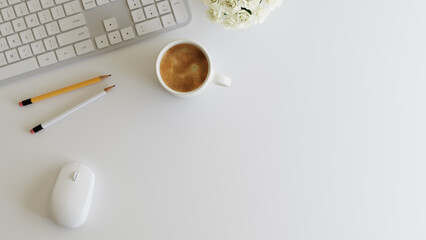Minimalist Creative White Desk Workspace with Coffee Keyboard Mouse and Pencils Top View Copy Space. 3d rendering