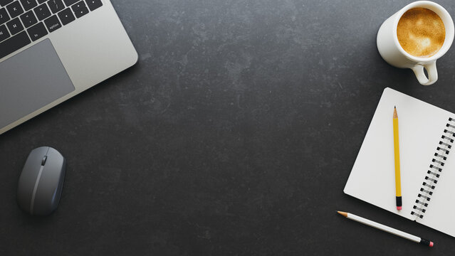 Modern Dark Office Workspace with Laptop Computer Notebook and Coffee Top View Copy Space. 3d rendering