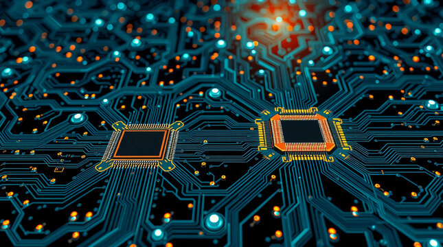 Futuristic Digital Circuit Board Close-up with Two Illuminated Microprocessors and Glowing Teal and Orange Data Pathways, Representing Advanced Technology, Artificial Intelligence, and Computer