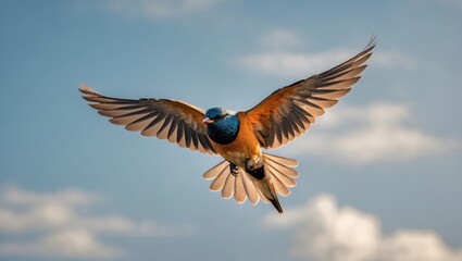 Obraz premium Vibrant bird soaring gracefully against a backdrop of fluffy clouds and clear blue sky