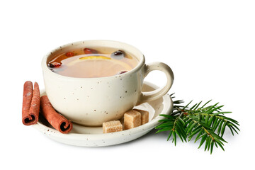 Mug of tasty rose hip tea with sugar cubes and cinnamon isolated on white background