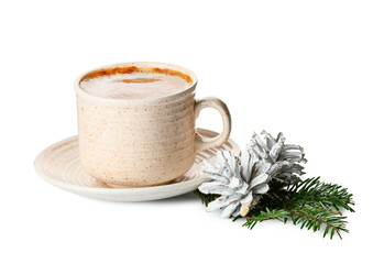 Mug of coffee with forest bumps and fir branch isolated on white background