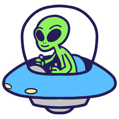 Cute alien illustration riding UFO
