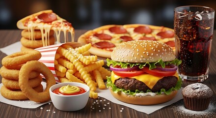 Fast food assortment on a wooden surface
