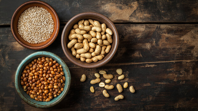 Assorted grains in rustic bowls on wooden table