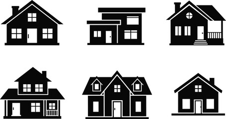 Real estate property silhouette set with modern residential houses and cottage buildings for architectural design vector.