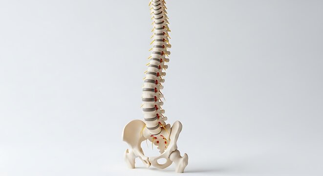 Human spine and pelvis model on white background, anatomical study.