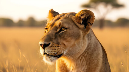 Close-up portrait of a majestic lioness bathed in the warm glow of a golden sunset on the African savanna