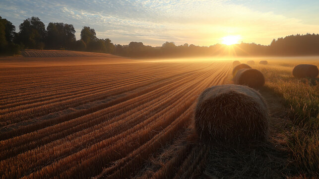 Hay bales in plowed wheat field during misty sunrise