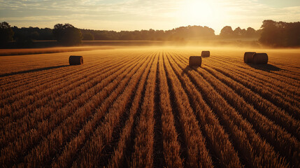 Hay bales in golden wheat field at sunset