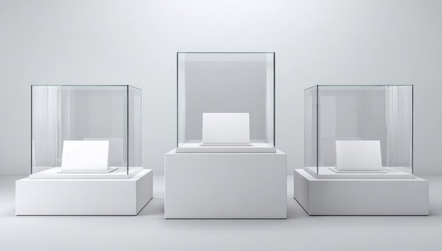 Three empty glass display cases with white bases, isolated on white background