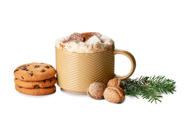Mug of cacao with marshmallows, nuts and cookies isolated on white background