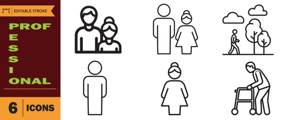 Set of six professional line icons representing different people, family, elderly, and outdoor activity for user interface design