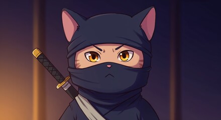 Feline Shadow Warrior: A formidable cat clad in ninja attire stands ready, a symbol of stealth, skill, and feline determination.