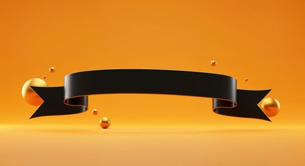 Ribbon Banner in Focus: a dark ribbon banner against a gradient orange background and gold spheres accents, with sleek design and visual dynamics.