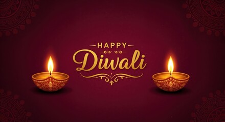 Fototapeta premium Happy Diwali Celebration: Warm golden lamps illuminate the joyous atmosphere of Diwali, the festival of lights, on a deep maroon backdrop adorned with intricate patterns.