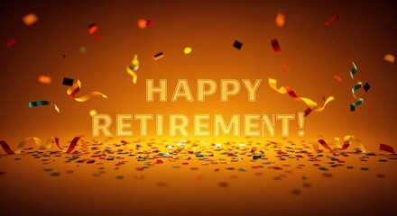 Celebratory Retirement Wishes: Festive confetti and shimmering ribbons cascade down, framing the heartwarming message of Happy Retirement! a perfect visual expression of joy and well-wishes.