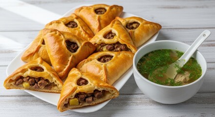 Savory Triangle Pies with Hearty Beef Filling Served Alongside Aromatic Broth