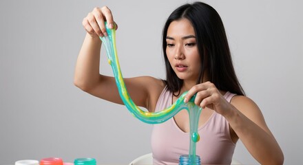 Enchanting Slime Play: Captivating moment of a woman's interactive play session, showcasing her engaged attention as she manipulates and stretches the gooey substance.