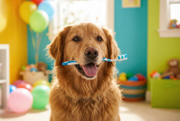 Golden Retriever holding a toothbrush, promoting pet dental care during Pet Dental Health Month.