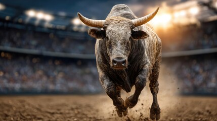 Bucking bull action in thrilling rodeo competition concept. A powerful bull charging across a dusty arena in action.