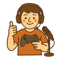Hand draw cute gamer with controller headset and microphone illustration