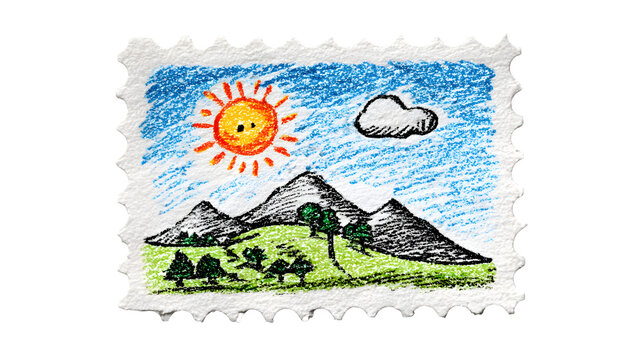 A doodle of a postage stamp with a scribbled landscape and a cartoon sun, isolated on a Transparent Background