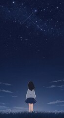 Obraz premium Girl Gazing at Stars: A girl gazes at a stunning starry sky, her silhouette framed against the vast, dark canvas, evoking a sense of wonder and connection to the cosmos. 