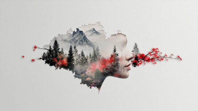 A surreal double exposure image features a woman's profile blended with a misty mountain forest scene, accented by red leaves.