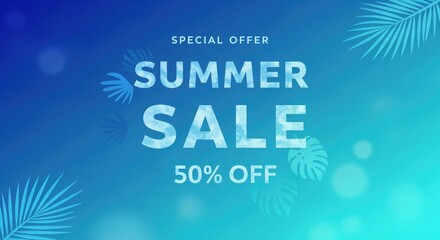 Summer Sale Offer: An inviting promotional banner for a summer sale, featuring a vibrant gradient background and tropical elements, offering a significant discount to entice shoppers.