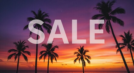 Obraz premium Summer Sale: Palm trees silhouettes against a vibrant sunset sky, with the word SALE superimposed, capturing the essence of a tropical promotion. 